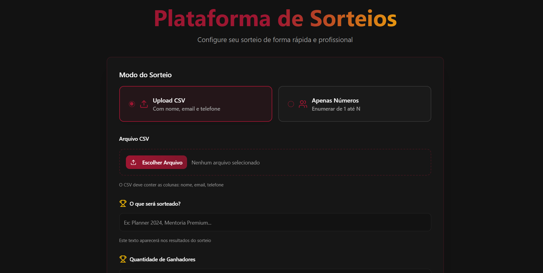 Tela de configuração da plataforma de sorteios
